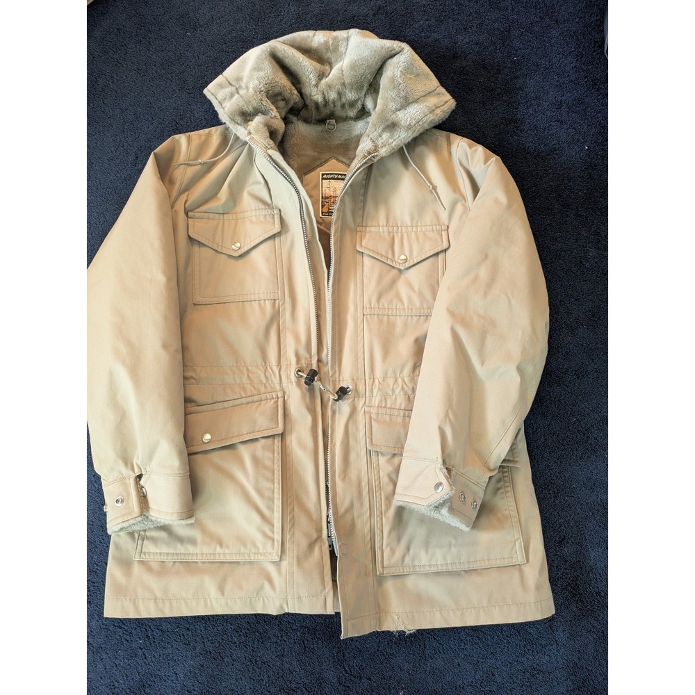 VTG Mighty-Mac Vintage Tan Sherpa Fur Lined Hooded Parka Jacket Mens Made USA XL - Picture 2 of 12